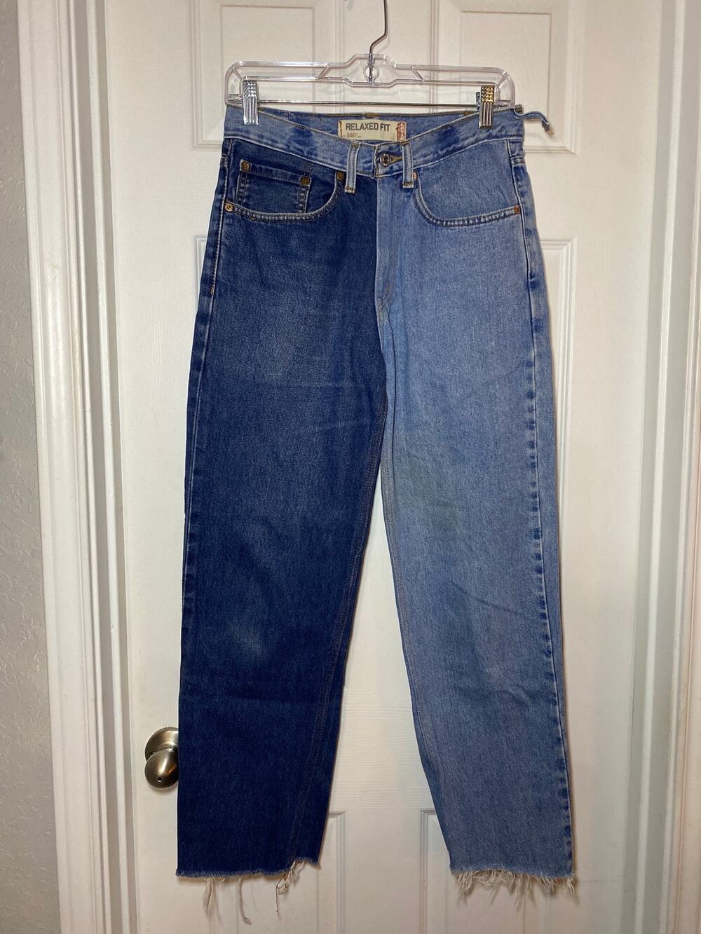 Levi’s 550 Two Tone Split Colorblock Jeans High Rise Raw Hem Custom 28x28 Unisex